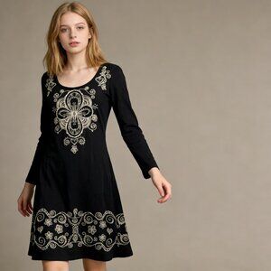 NWOT Johnny Was Floral Embroidered Long Sleeves Dress Black Sz XS